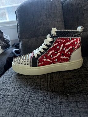 Christian Louboutin Red White Black Studded High-Top Sneakers